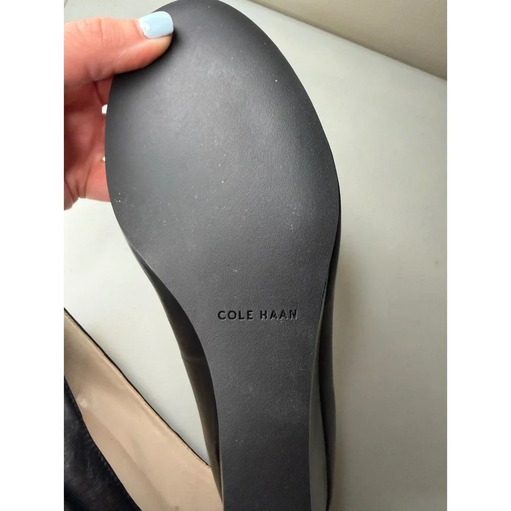 Cole Haan Go To Malta Bow Wedge Pumps 10B Black Leather Patent Cap Toe